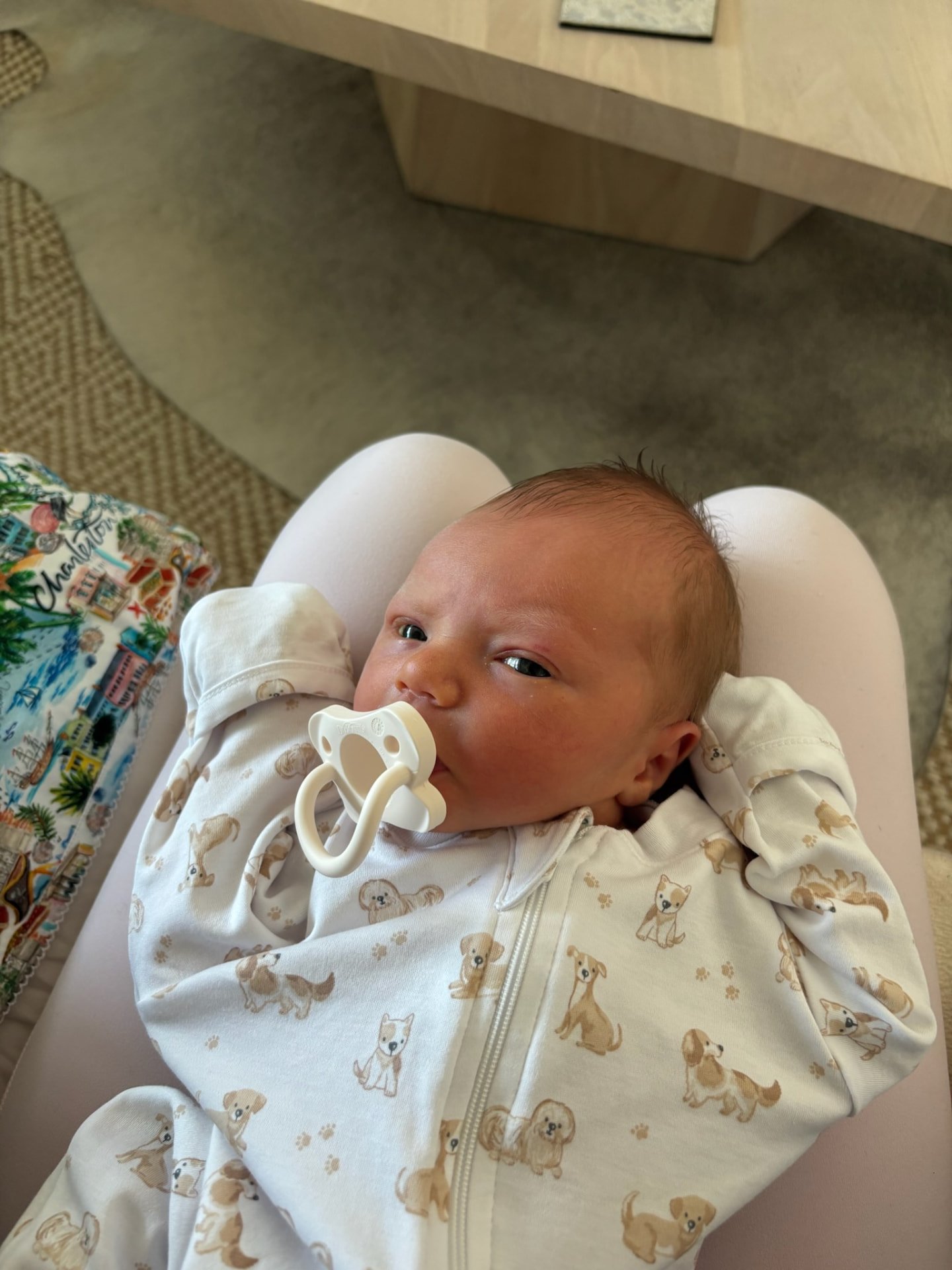 Newborn in a puppy-print sleepsuit resting in a lounger