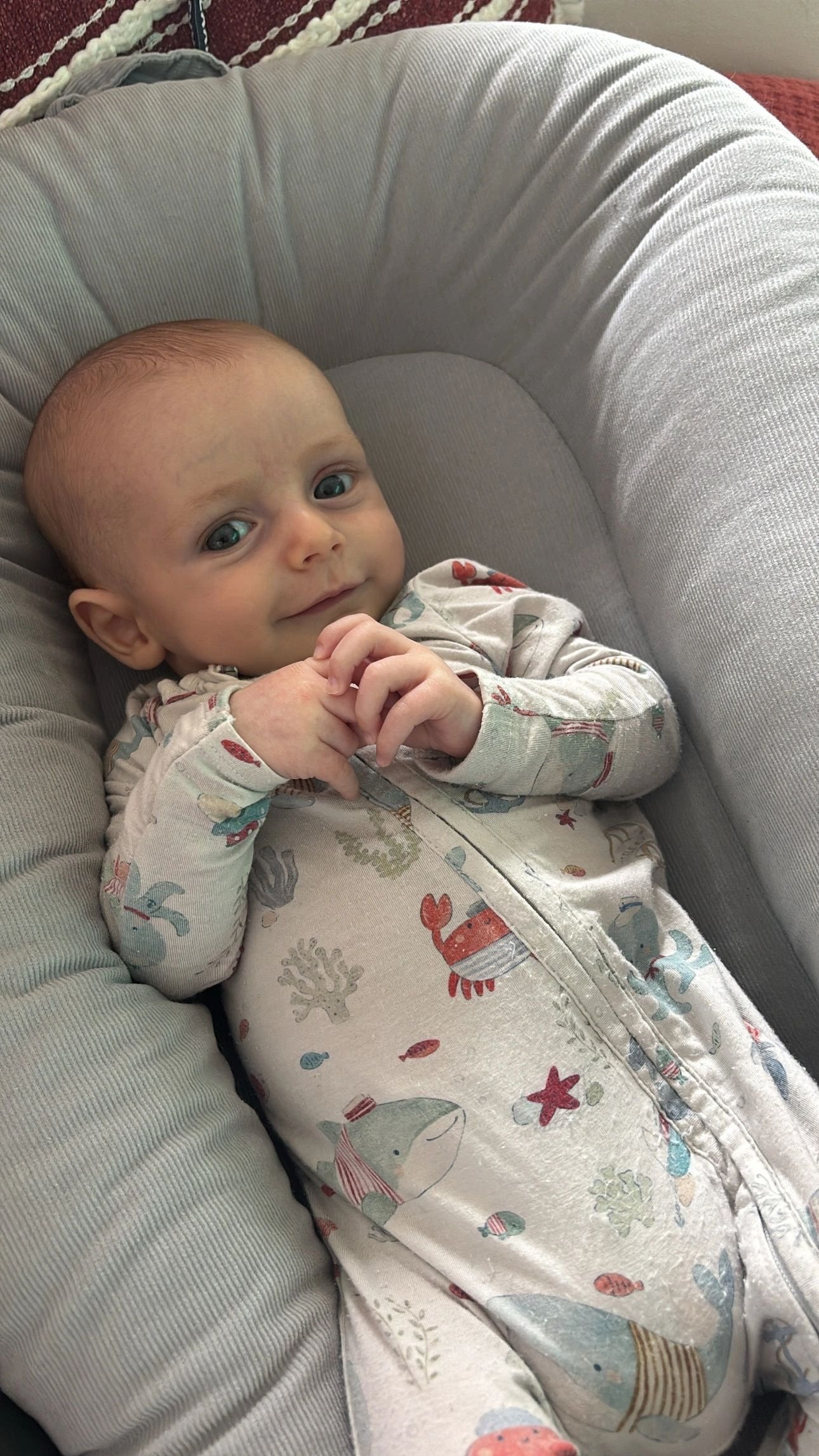 Newborn resting in a lounger wearing a printed sleepsuit